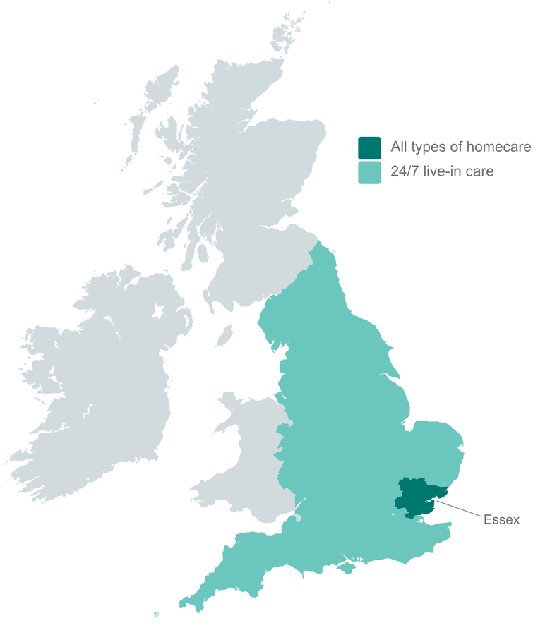 Outlined grey image of the whole UK with a highlightes spot over essex