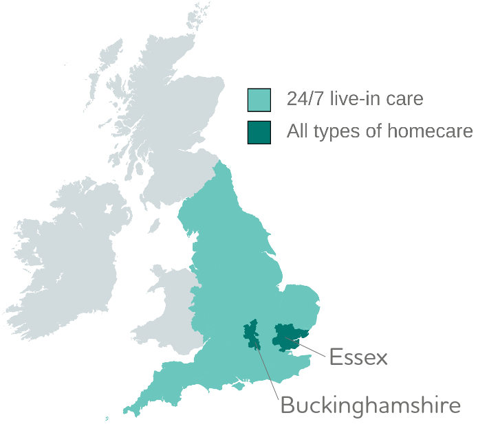 Outlined grey image of the whole UK with a highlighted spot over essex