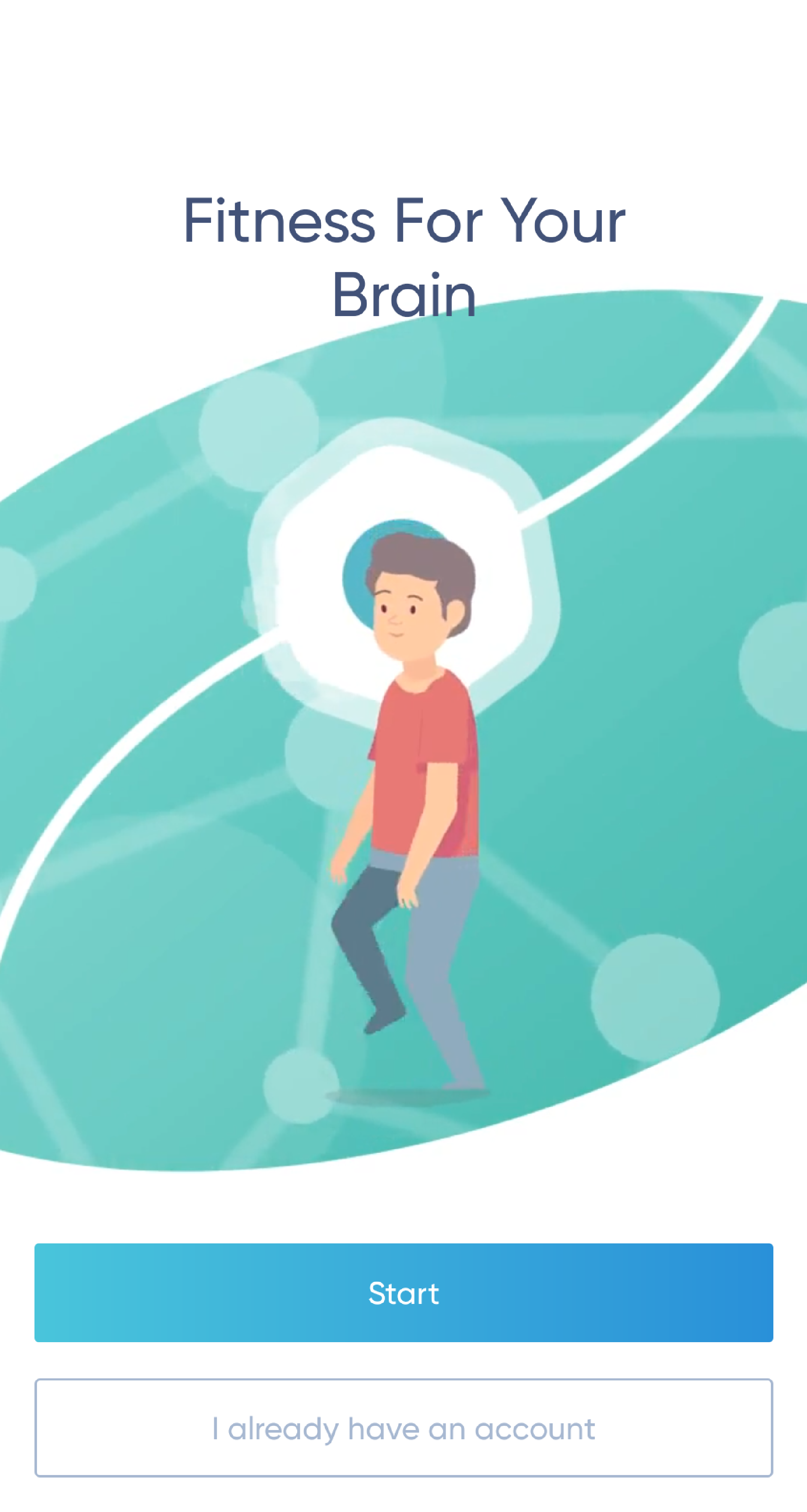 Man walking across screen, green background. Start button and &lsquo;already have an account&rsquo; below him