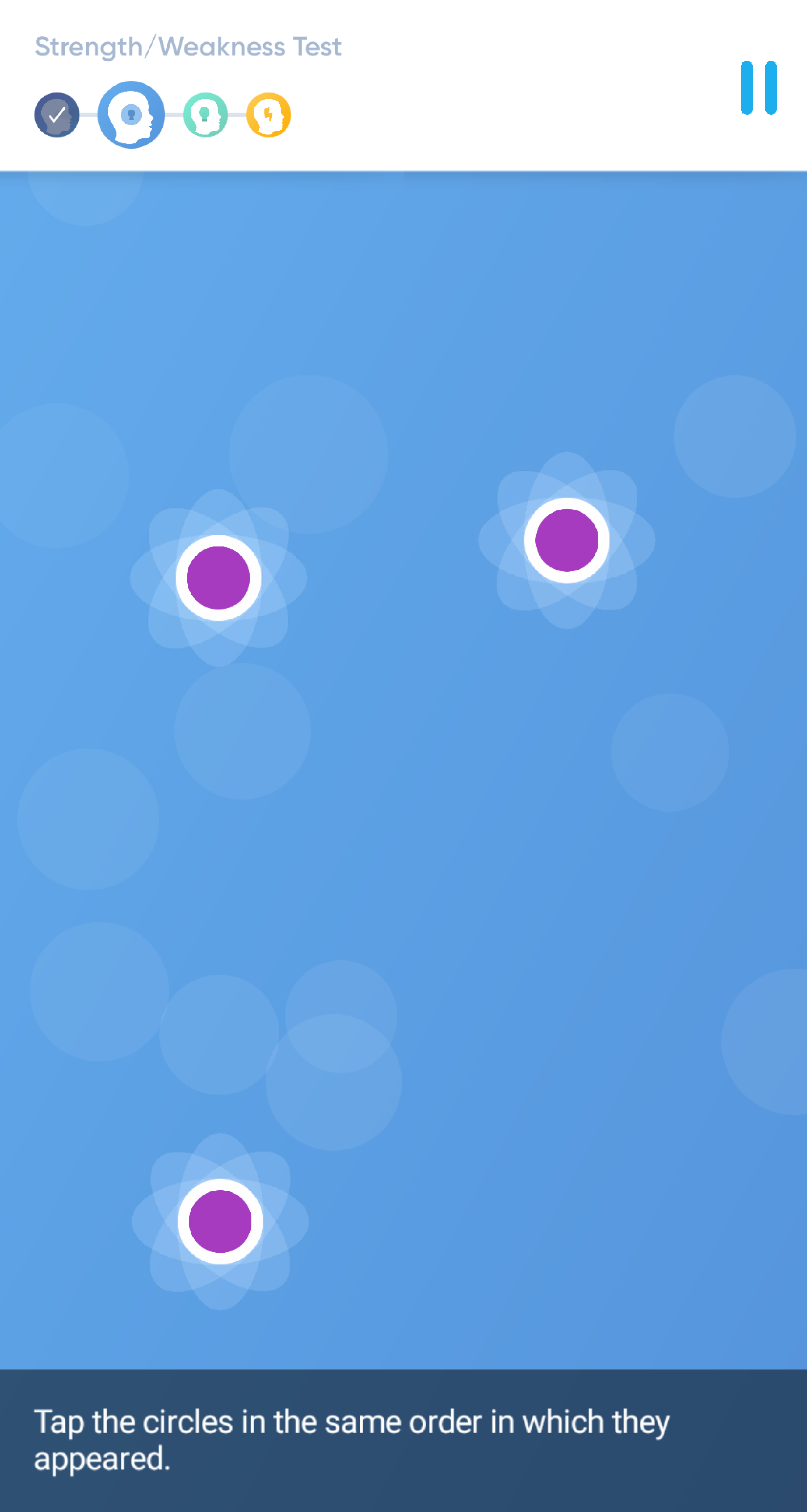Image of a test in progress. Purple balls randomly placed on the screen, with a blue background. Written instructions at the bottom of the image.