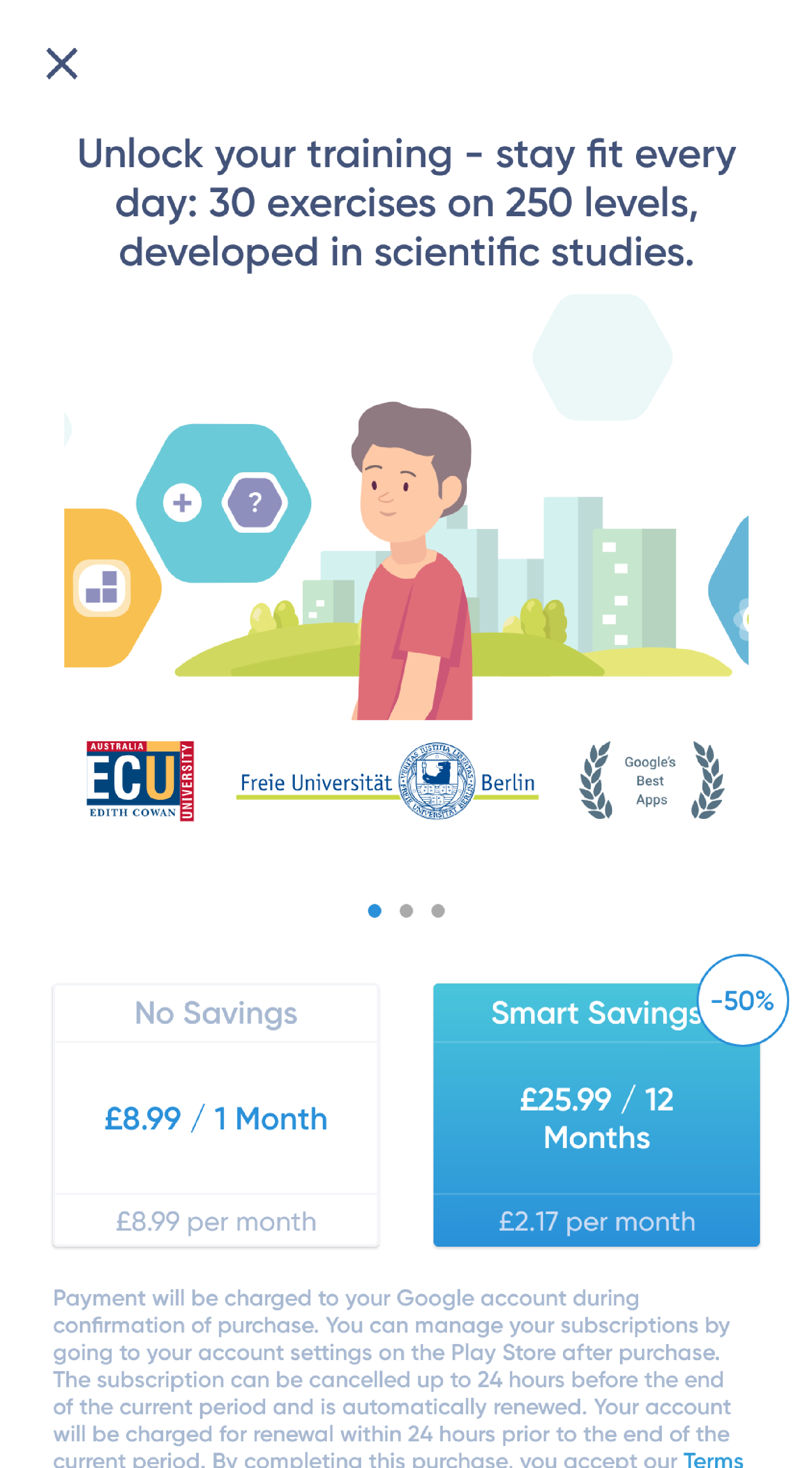 Image of a happy man walking across a scene. Below are two boxes with pricing options, 8.99 per month and 25.99 for one year.